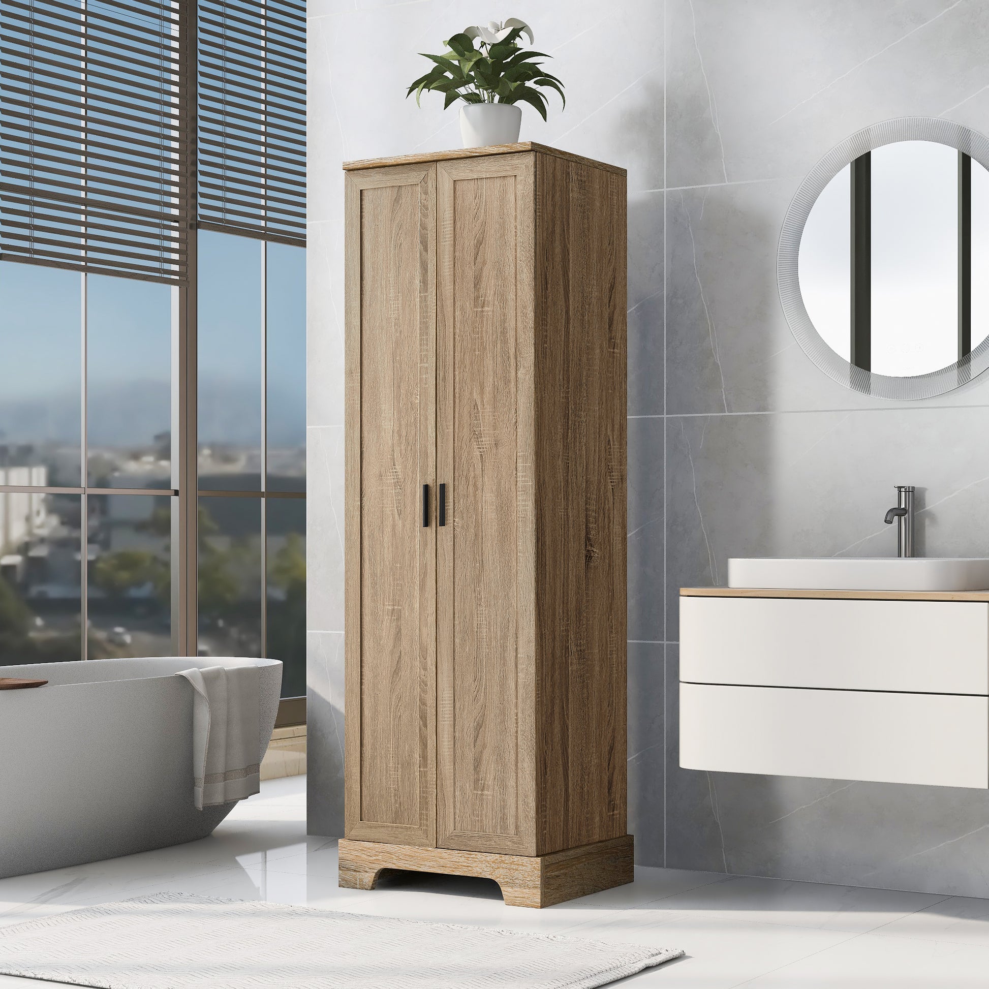 Brown MDF storage cabinet with adjustable shelf and two doors