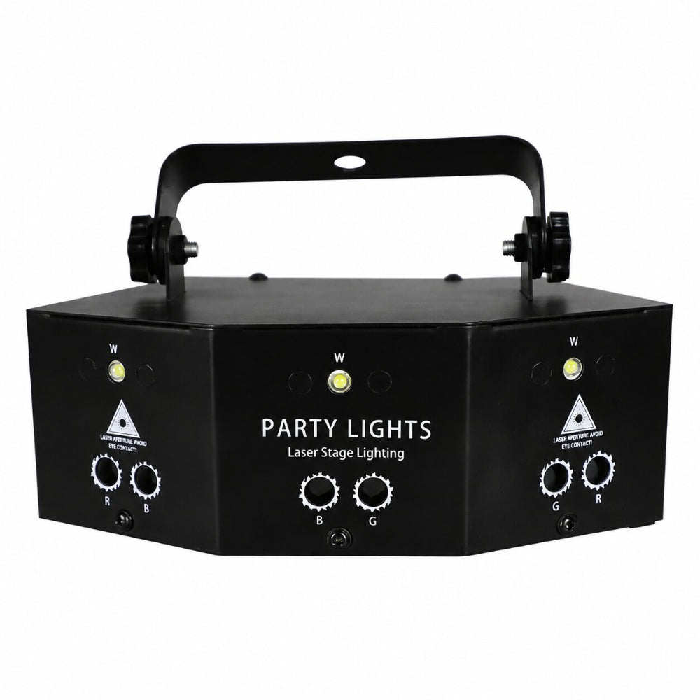 Black party lights laser stage lighting device with a top handle, featuring white text and control knobs on a clean white background.