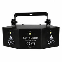 Black party lights laser stage lighting device with a top handle, featuring white text and control knobs on a clean white background.