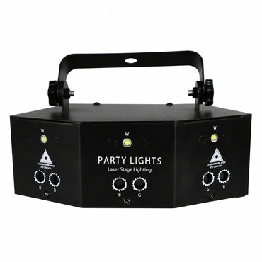 Black party lights laser stage lighting device with a top handle, featuring white text and control knobs on a clean white background.