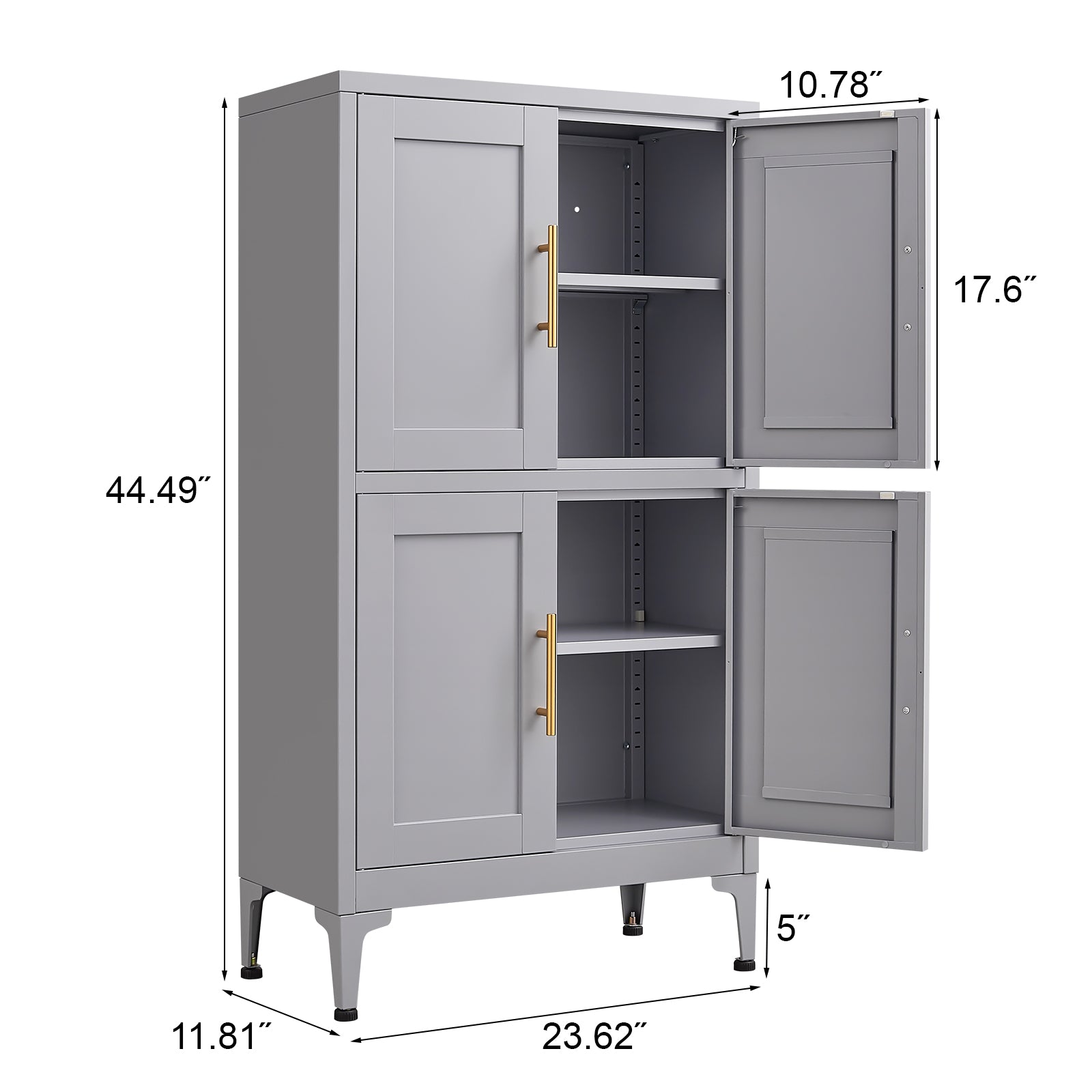 Grey metal kitchen storage cabinet with door and adjustable shelf in a modern kitchen