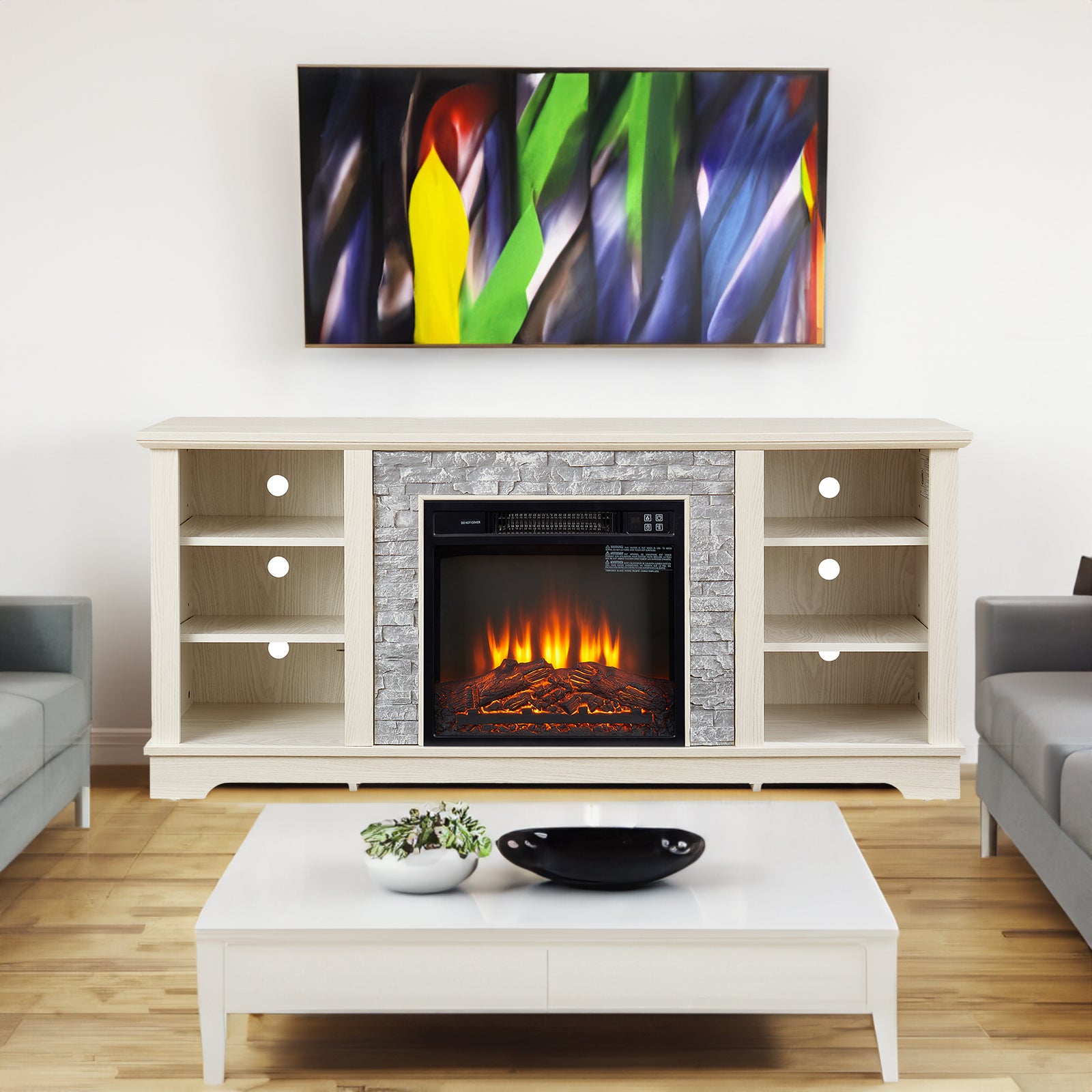 White TV stand with electric fireplace and stone-look mantel