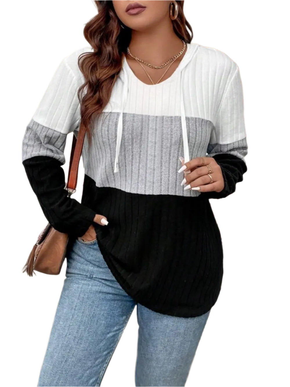 Plus size women's color block knitted hoodie with long sleeves and drawstring hood in cozy knit fabric.








