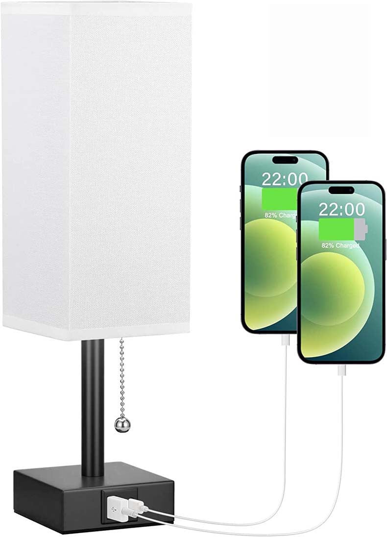 Modern square linen desk lamp with USB charging ports and 3-color dimmable lighting on a minimalist nightstand

