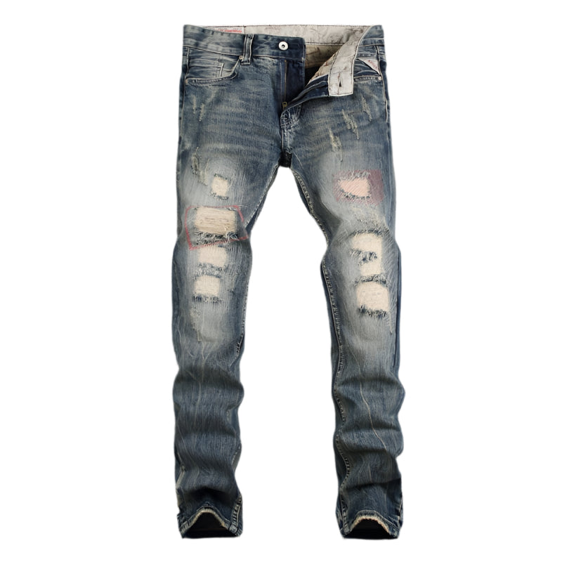 Men’s slim fit ripped biker jeans with distressed details and stretch denim, ideal for streetwear and casual fashion.








