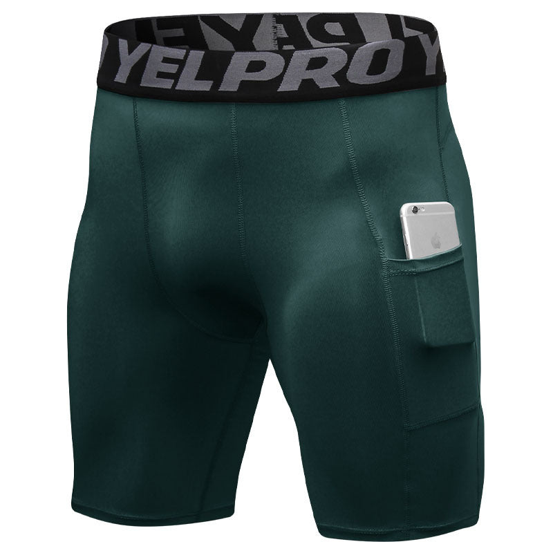 Men’s black PRO gym shorts with built-in compression tights, side pockets, and sweat-wicking fabric

