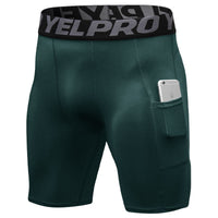 Men’s black PRO gym shorts with built-in compression tights, side pockets, and sweat-wicking fabric

