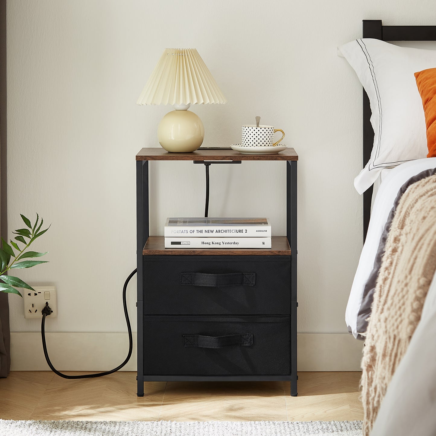 Modern tea table with USB port, outlet, and two drawers, front view

