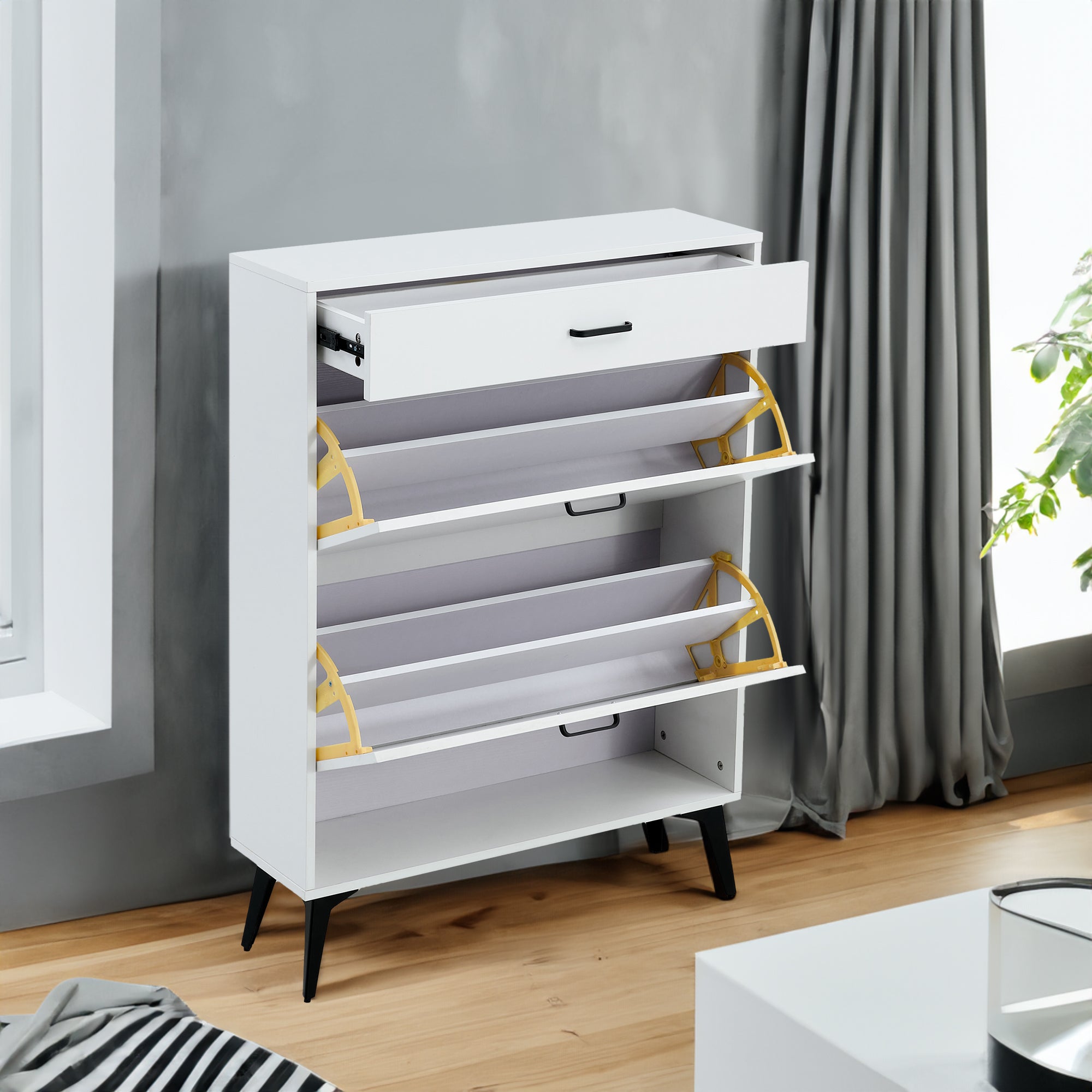 White shoe cabinet with open shelves and metal legs