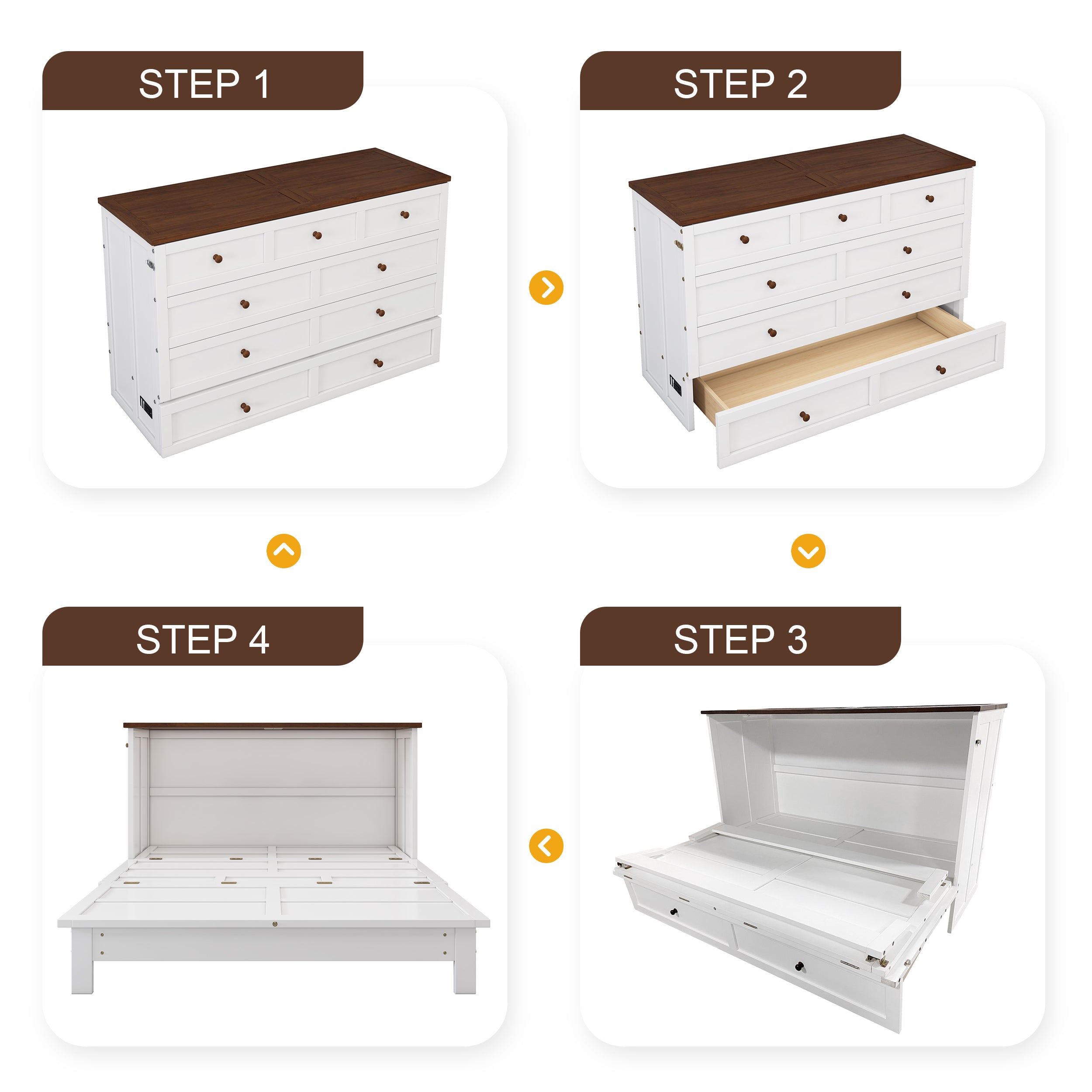 White and walnut queen Murphy bed chest in closed position