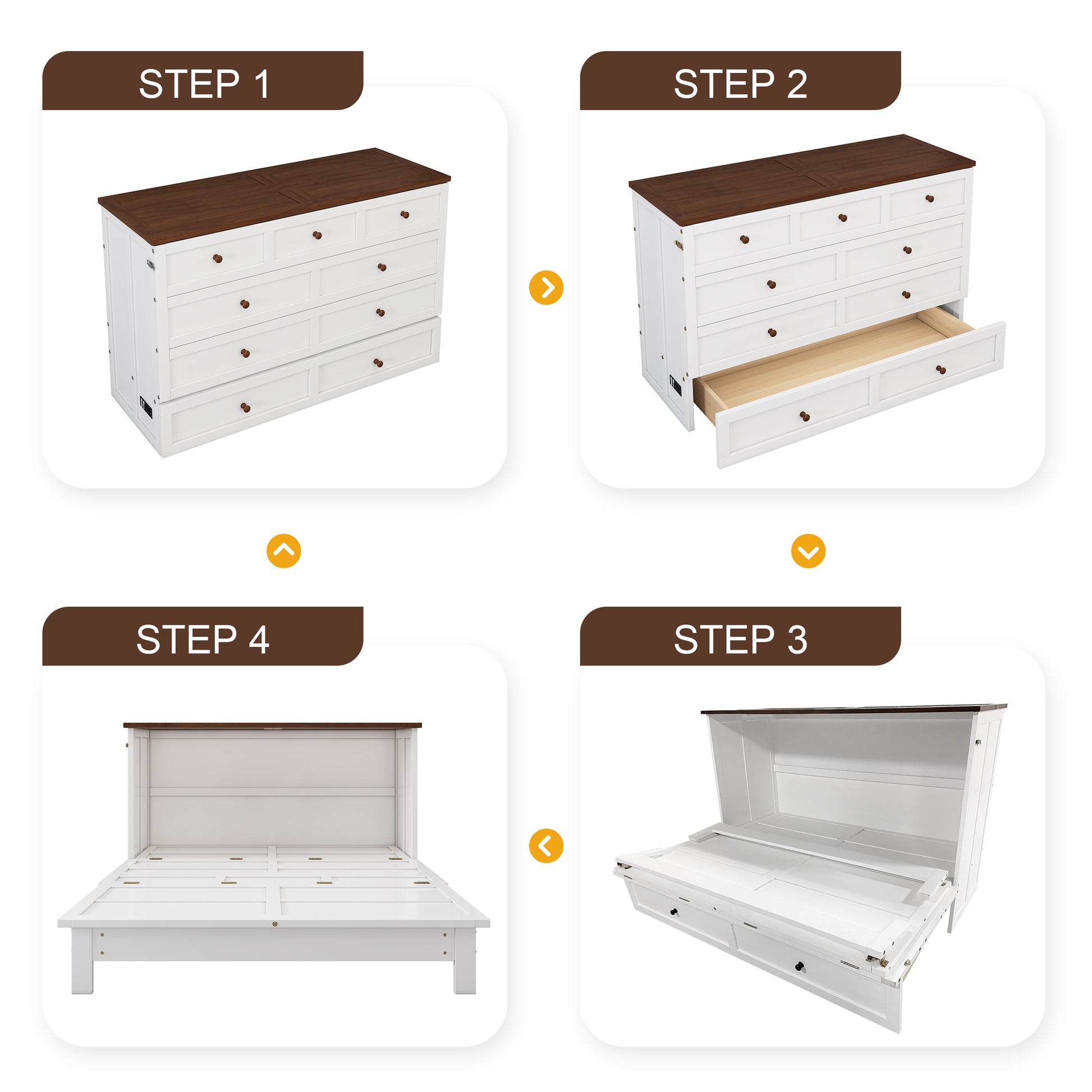 White and walnut queen Murphy bed chest in closed position
