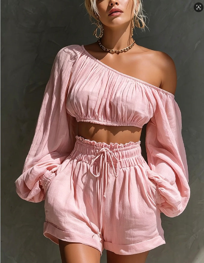 Shoulder long sleeved short top+high waisted casual shorts set for women Hot Deal Warehouse