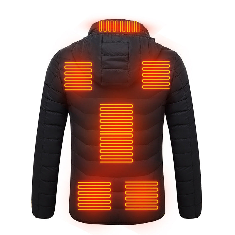 Men's and women's USB heated jacket with hoodie, front view

