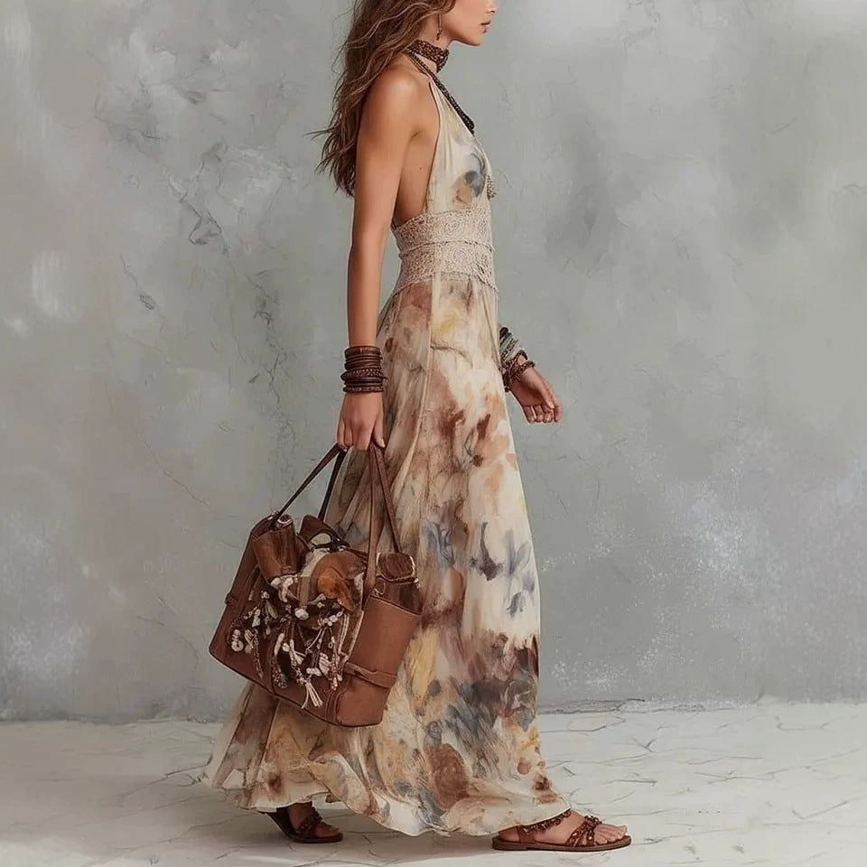Side View of Floral Backless Strapless Summer Beach Vacation Long Dress 