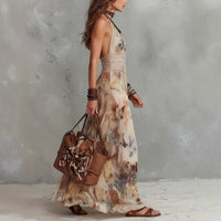 Side View of Floral Backless Strapless Summer Beach Vacation Long Dress 