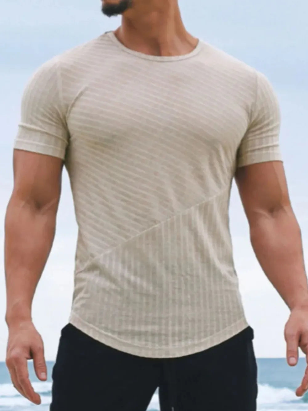 Men's striped round neck t-shirt, front view

