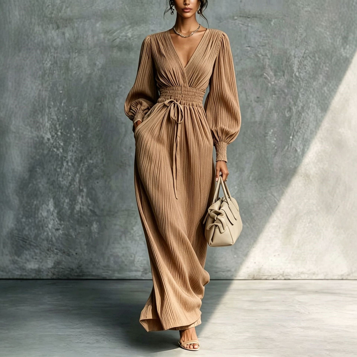 Solid color casual waist cinched long sleeved dress Hot Deal Warehouse