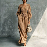 Solid color casual waist cinched long sleeved dress Hot Deal Warehouse