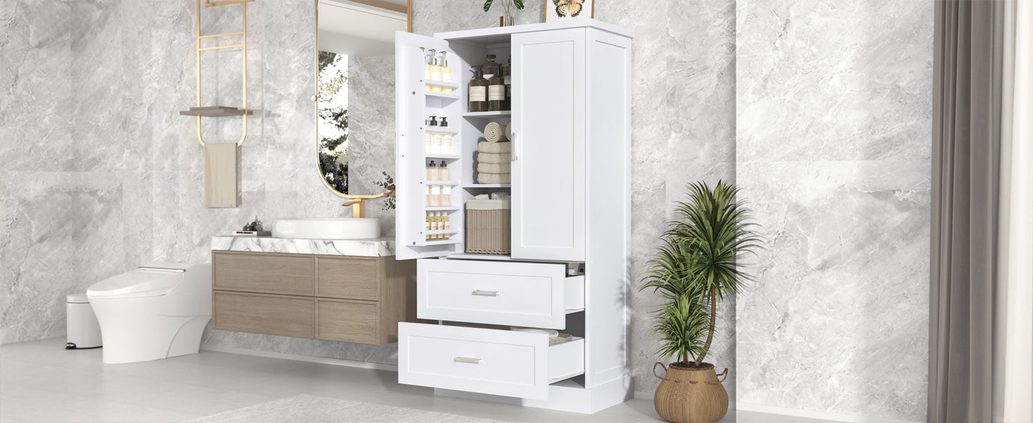 Tall white bathroom cabinet with drawers and double doors