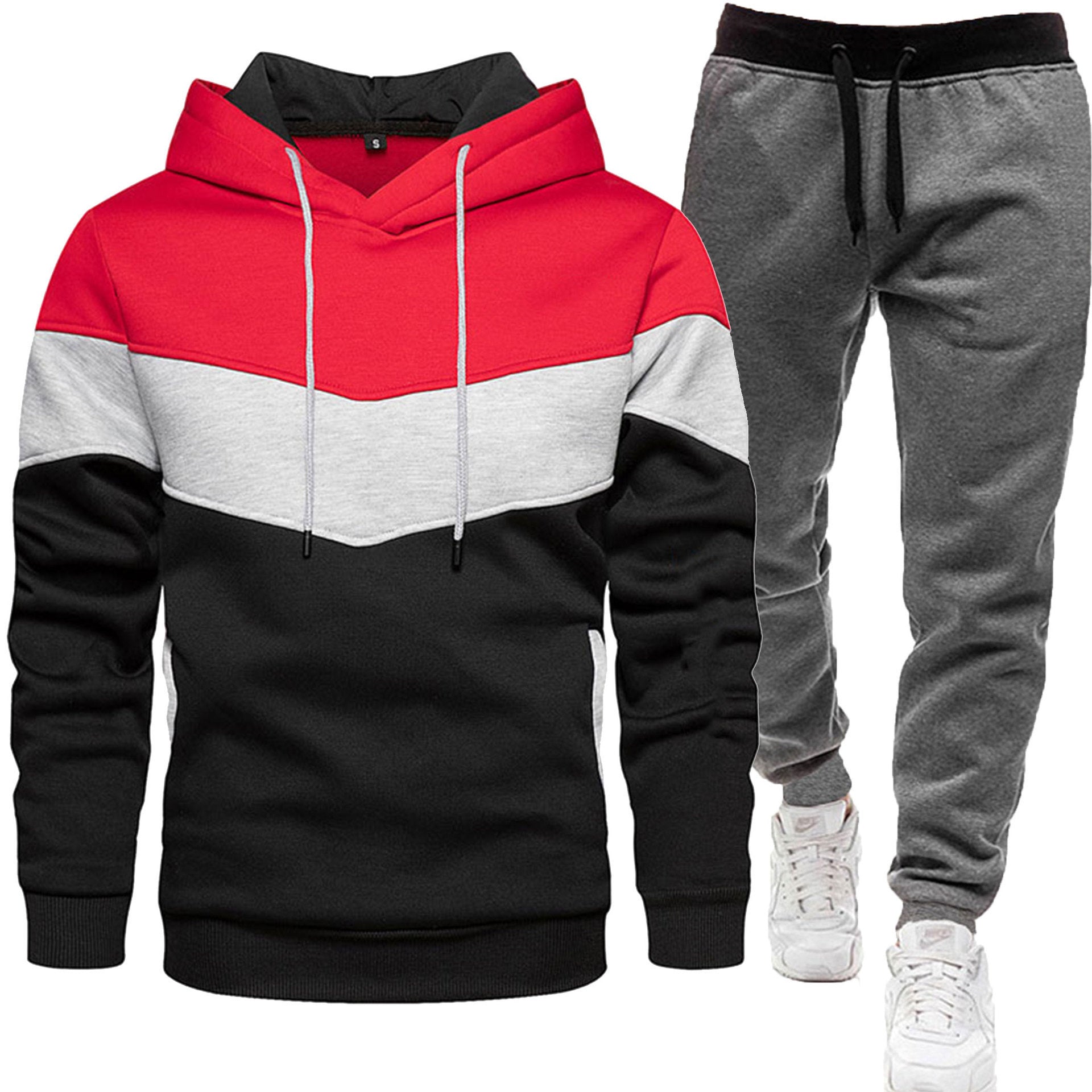 Men's three-color hoodie and jogger pants two-piece set, front view

