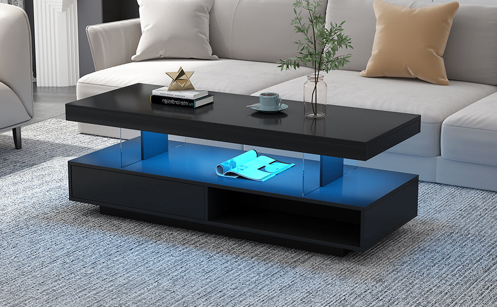 U-Can black LED coffee table with drawers and display shelf