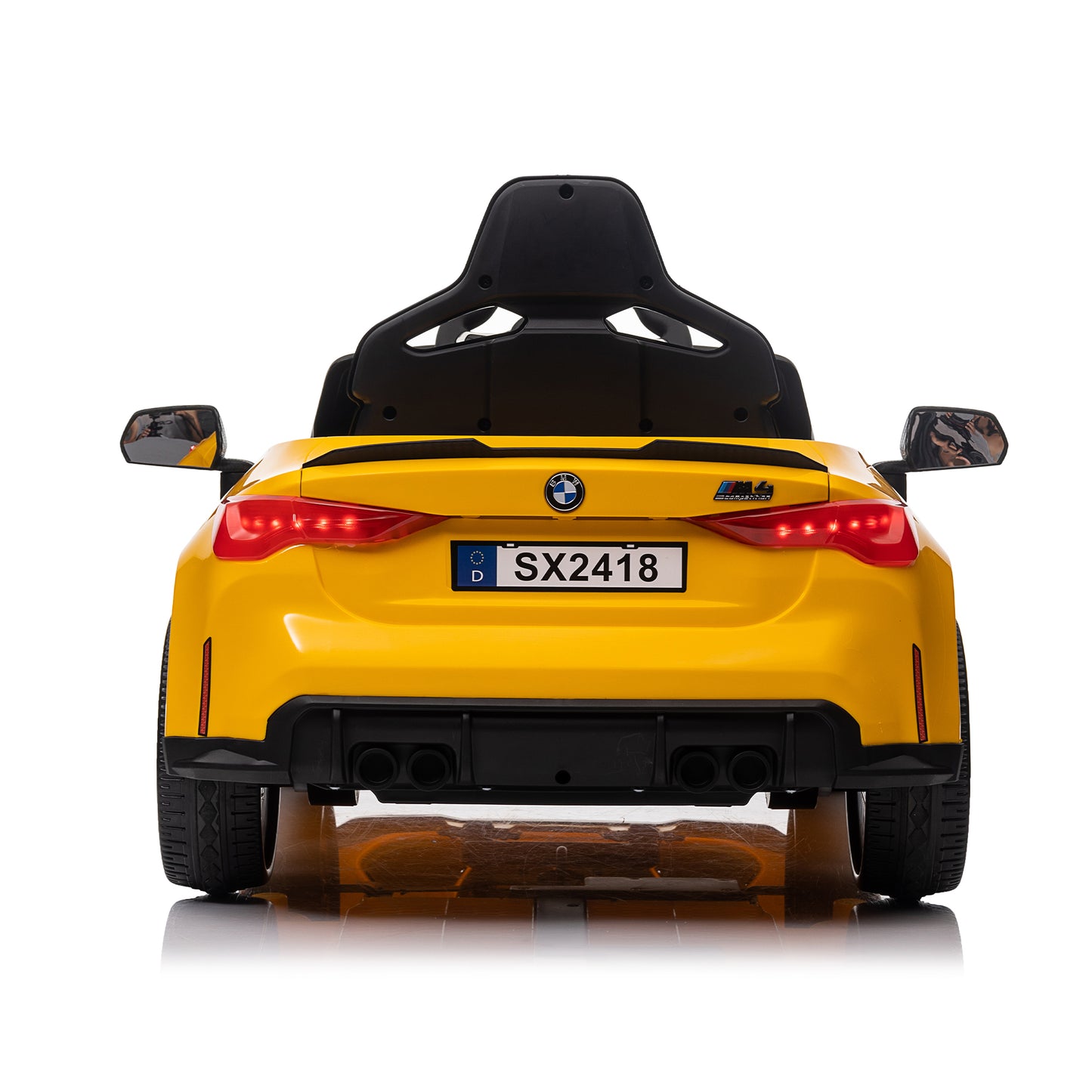 Yellow BMW M4 12V electric ride-on car for kids, featuring authentic design with working headlights, MP3 player, and forward/reverse motion. Comes with adjustable seat and steering wheel, providing a realistic driving experience for children aged 3-6
