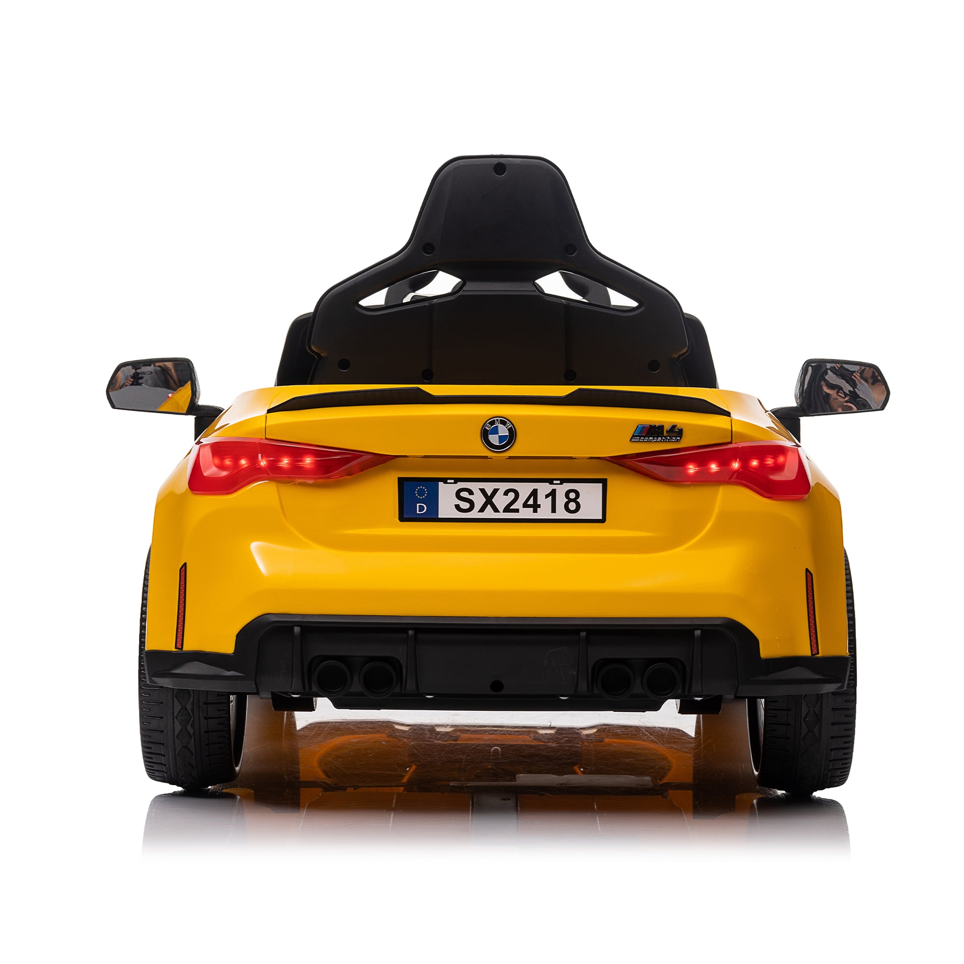 Yellow BMW M4 12V electric ride-on car for kids, featuring authentic design with working headlights, MP3 player, and forward/reverse motion. Comes with adjustable seat and steering wheel, providing a realistic driving experience for children aged 3-6