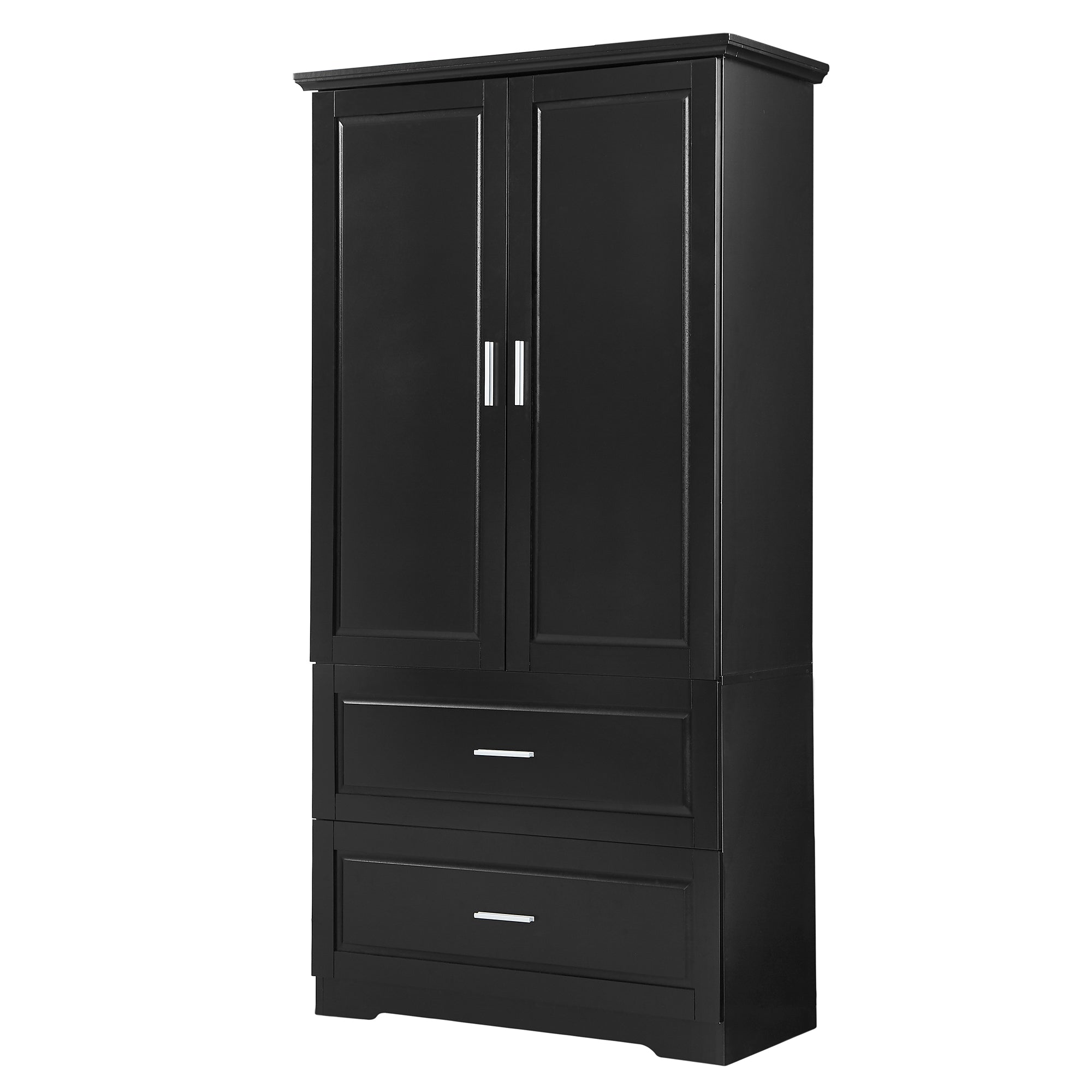 Black MDF tall bathroom storage cabinet with two doors and drawers