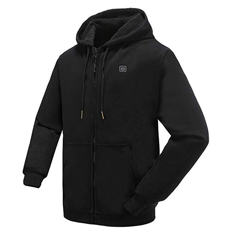 USB heating hoodie with power bank connected for warmth