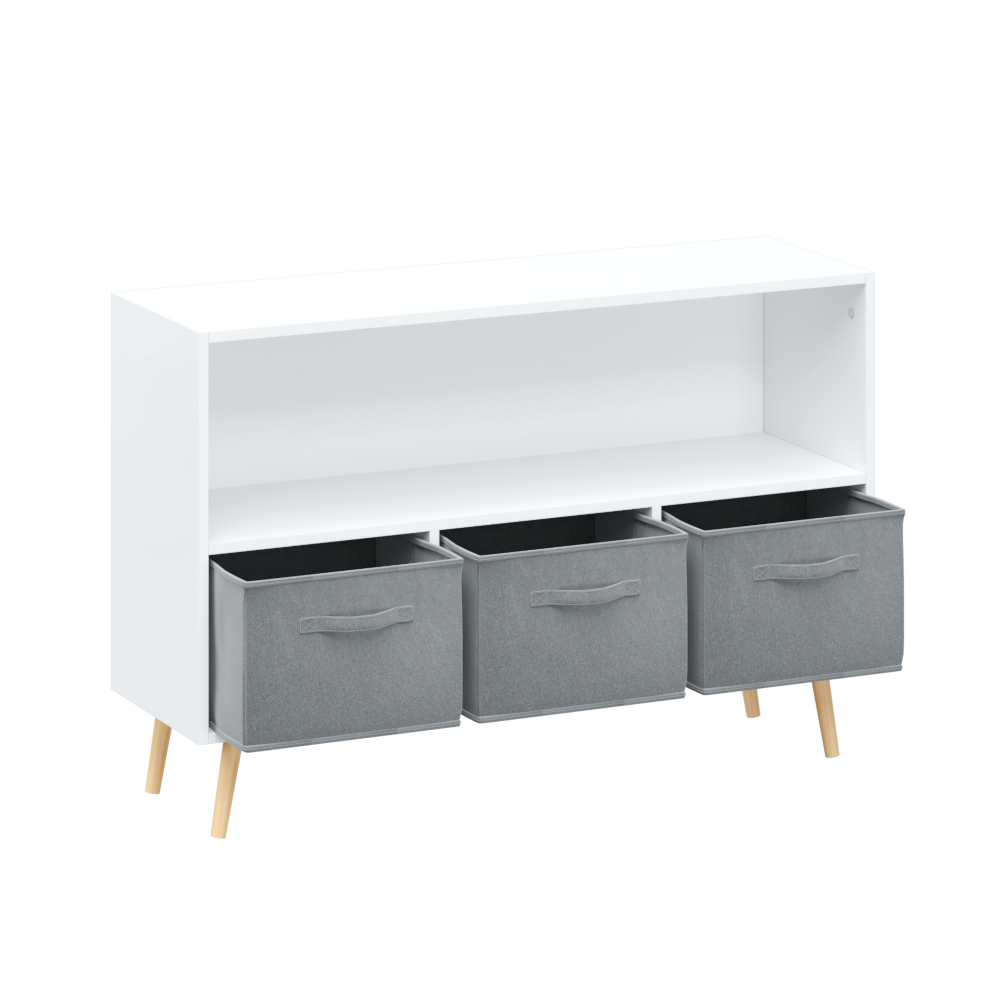 White kids bookcase with gray fabric drawers and books displayed