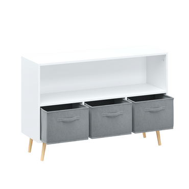 White kids bookcase with gray fabric drawers and books displayed