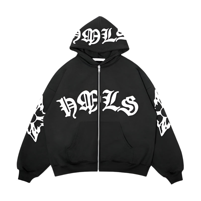 Oversized unisex hoodie with Gothic letter print and zipper – streetwear fashion for men and women.


