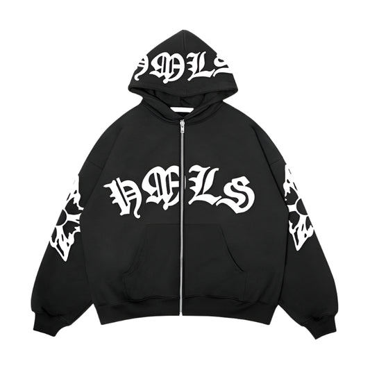 Oversized unisex hoodie with Gothic letter print and zipper – streetwear fashion for men and women.

