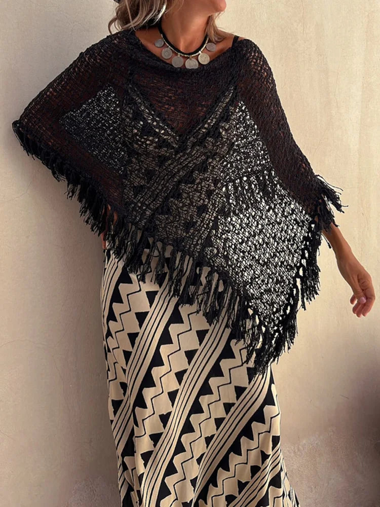 Bohemian Bat Sleeve Tassel Knit Hoodie Cape for Women – Oversized Pullover Sweater

