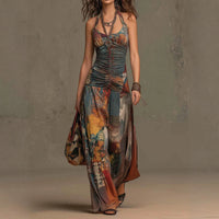 French Oil Painting Print Vintage Off-Shoulder Sexy Jumpsuit for Women Summer Hot Deal Warehouse