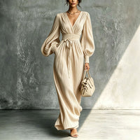 Solid color casual waist cinched long sleeved dress Hot Deal Warehouse
