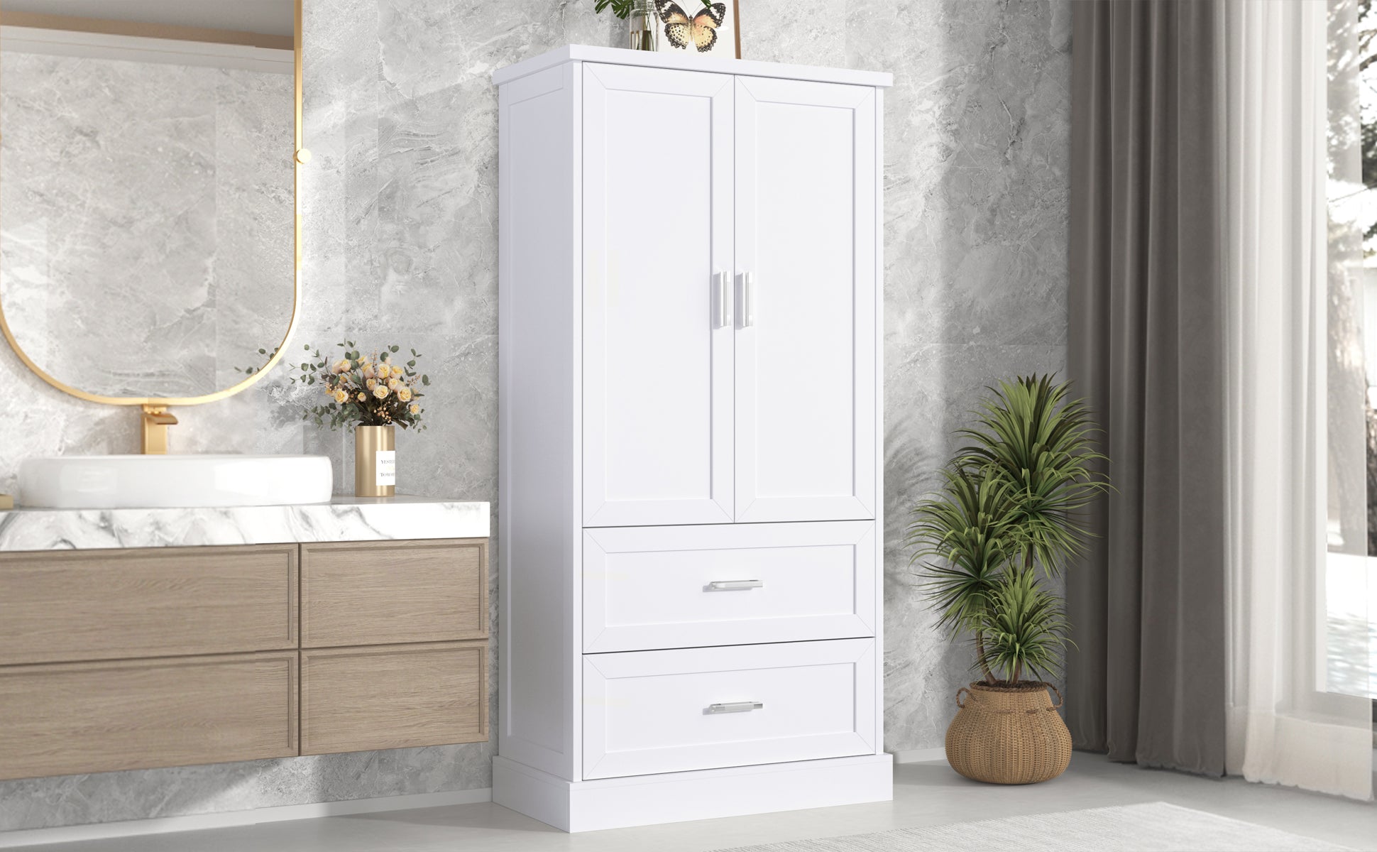 Tall white bathroom cabinet with drawers and double doors