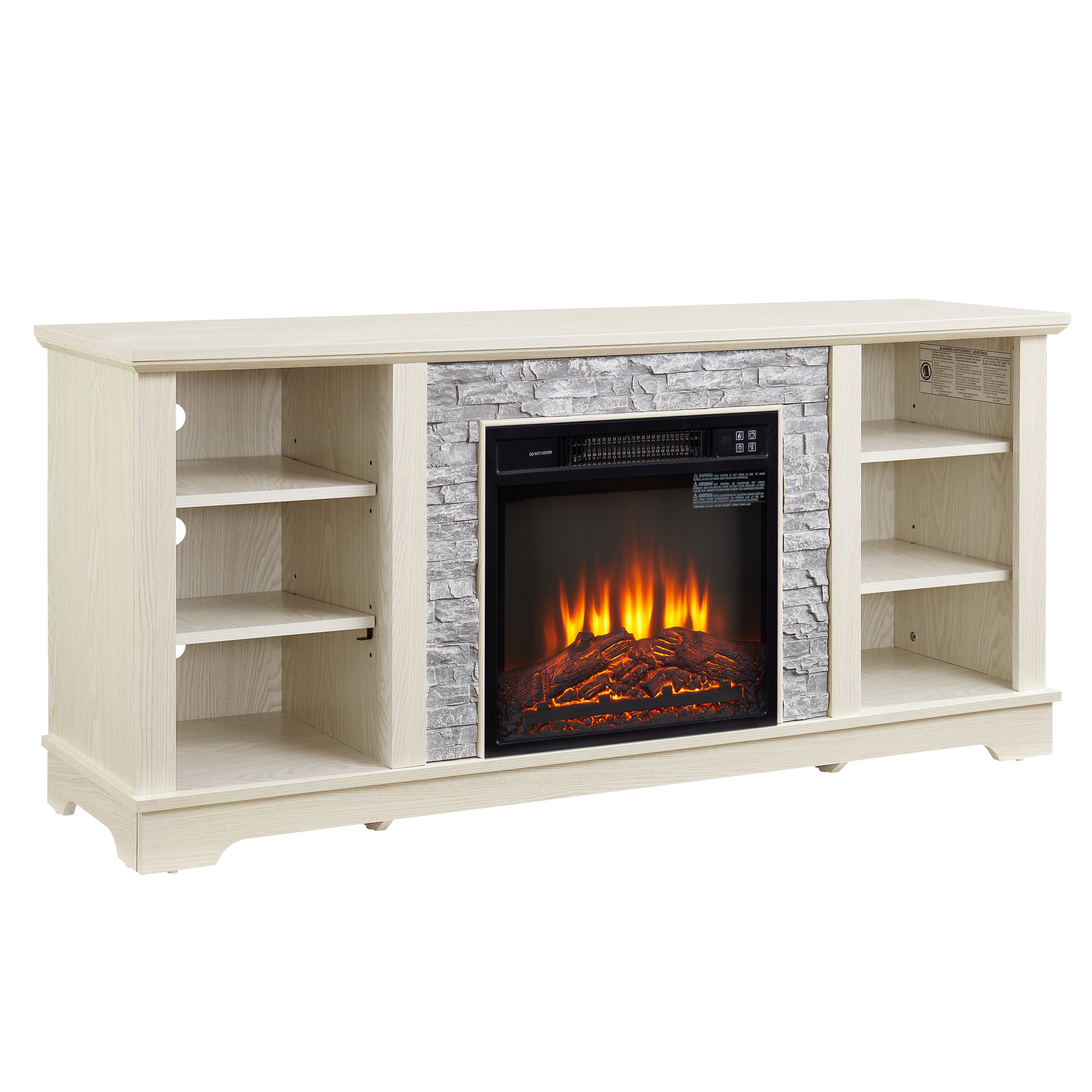 White TV stand with electric fireplace and stone-look mantel
