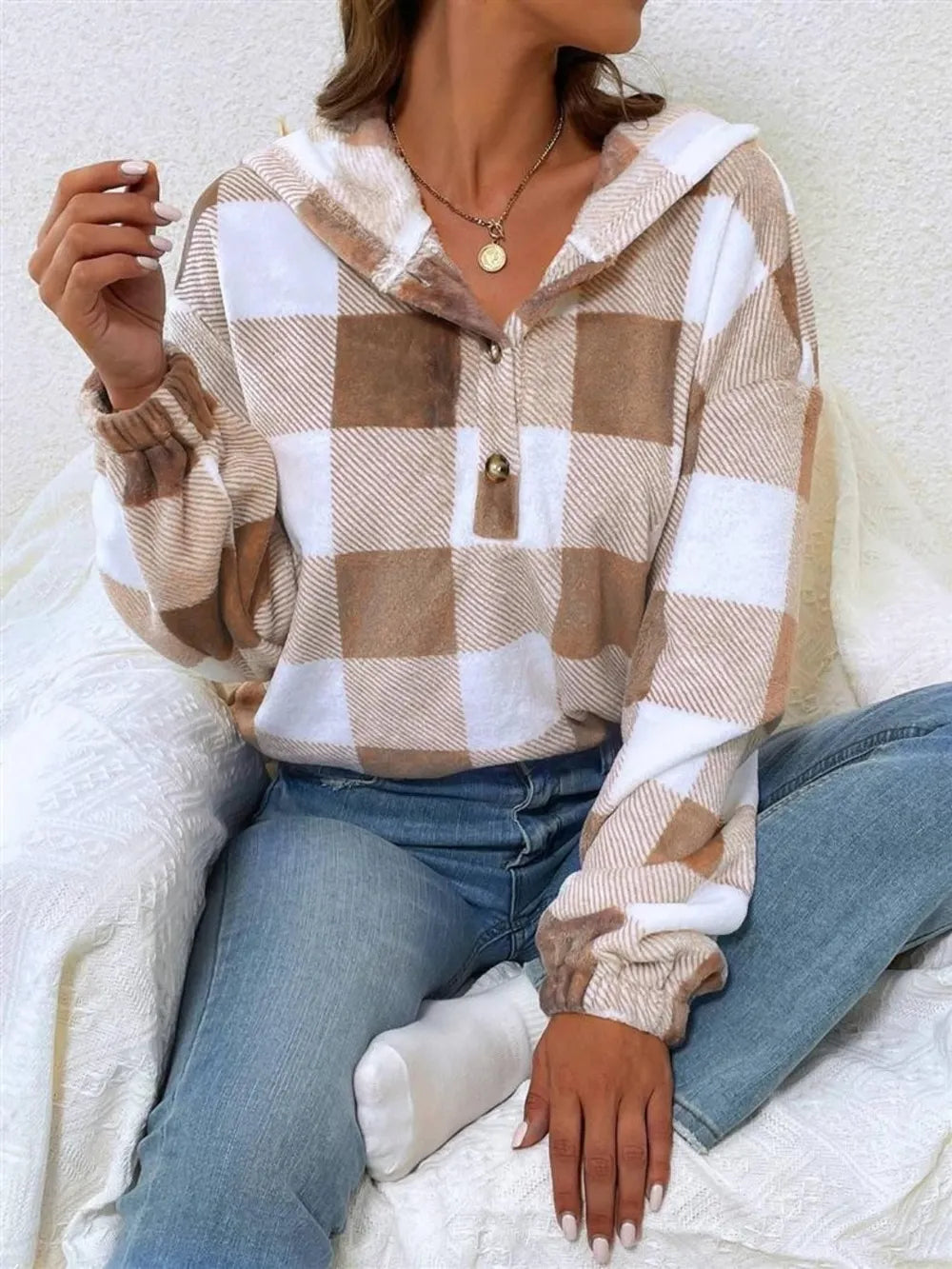 Women's checkered plush hoodie with semi-open collar, front view

