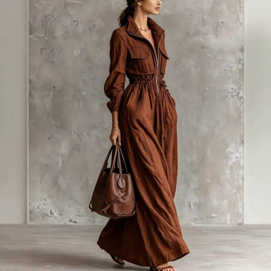 Women's Zipper Collar Elastic Waist Long Dress Hot Deal Warehouse