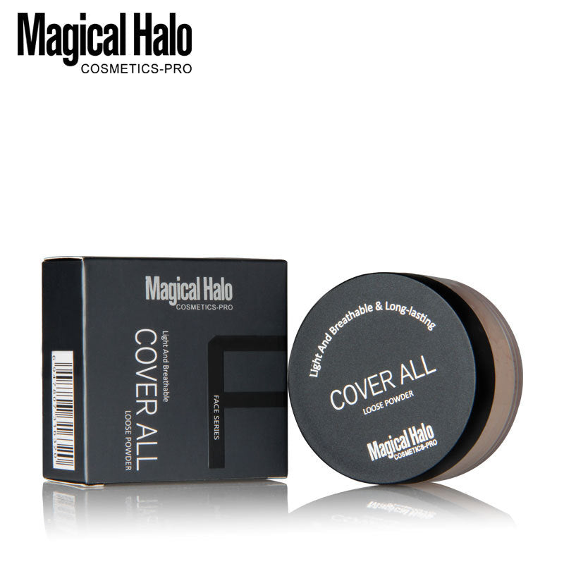 Close-up of Makeup Magical Halo Three-Color Concealer Loose Powder with packaging
