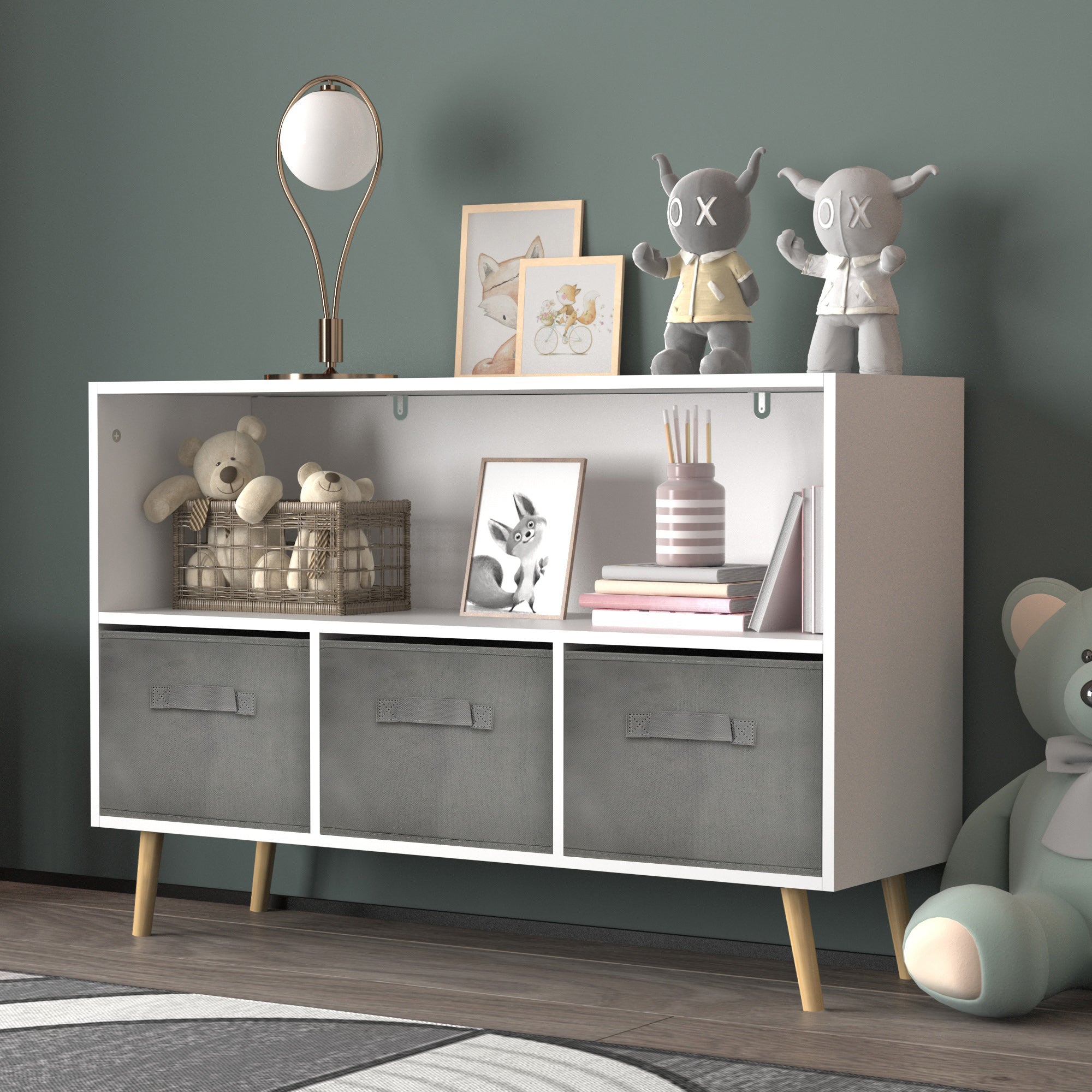 White kids bookcase with gray fabric drawers and books displayed