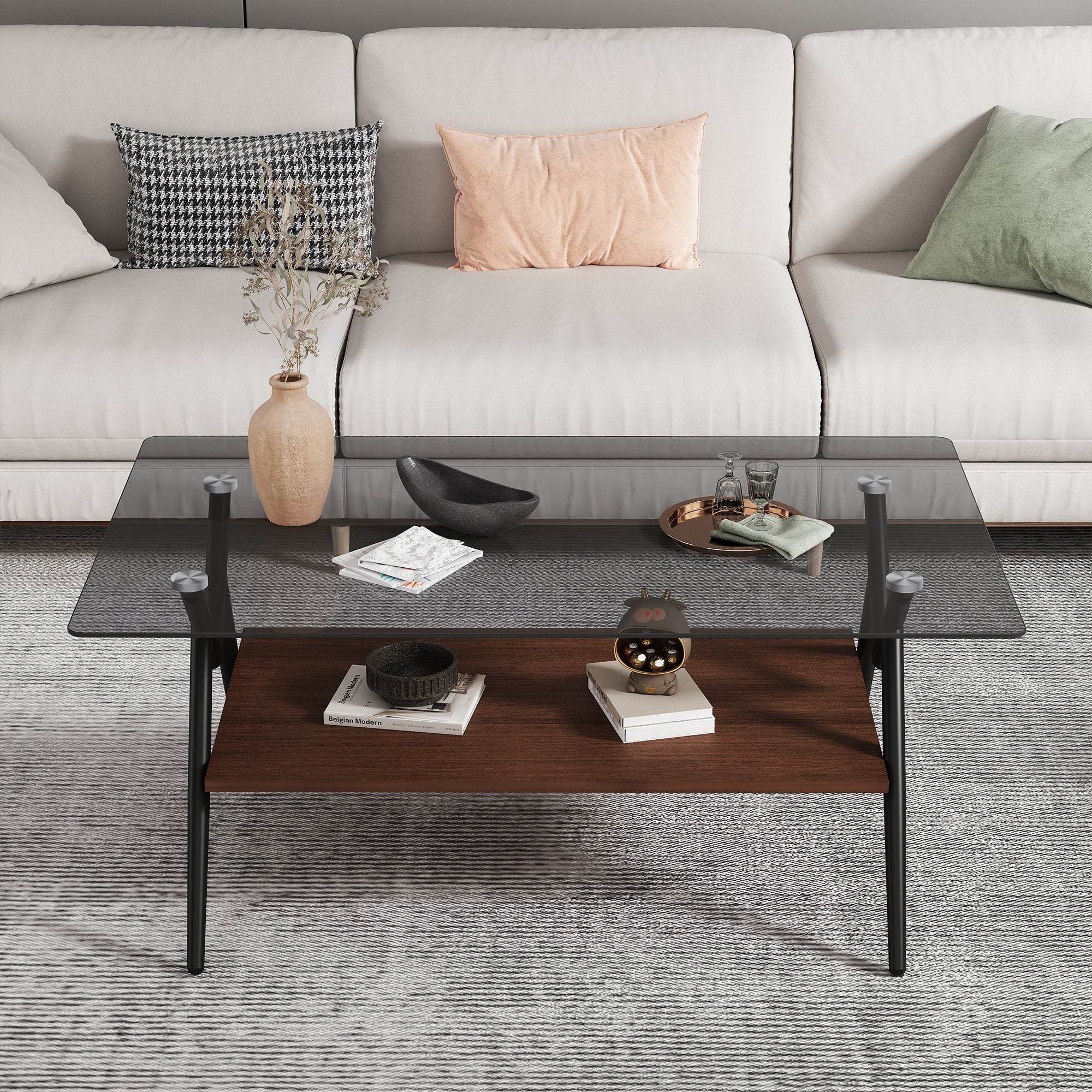 Rectangular coffee table with gray glass top and brown MDF shelf