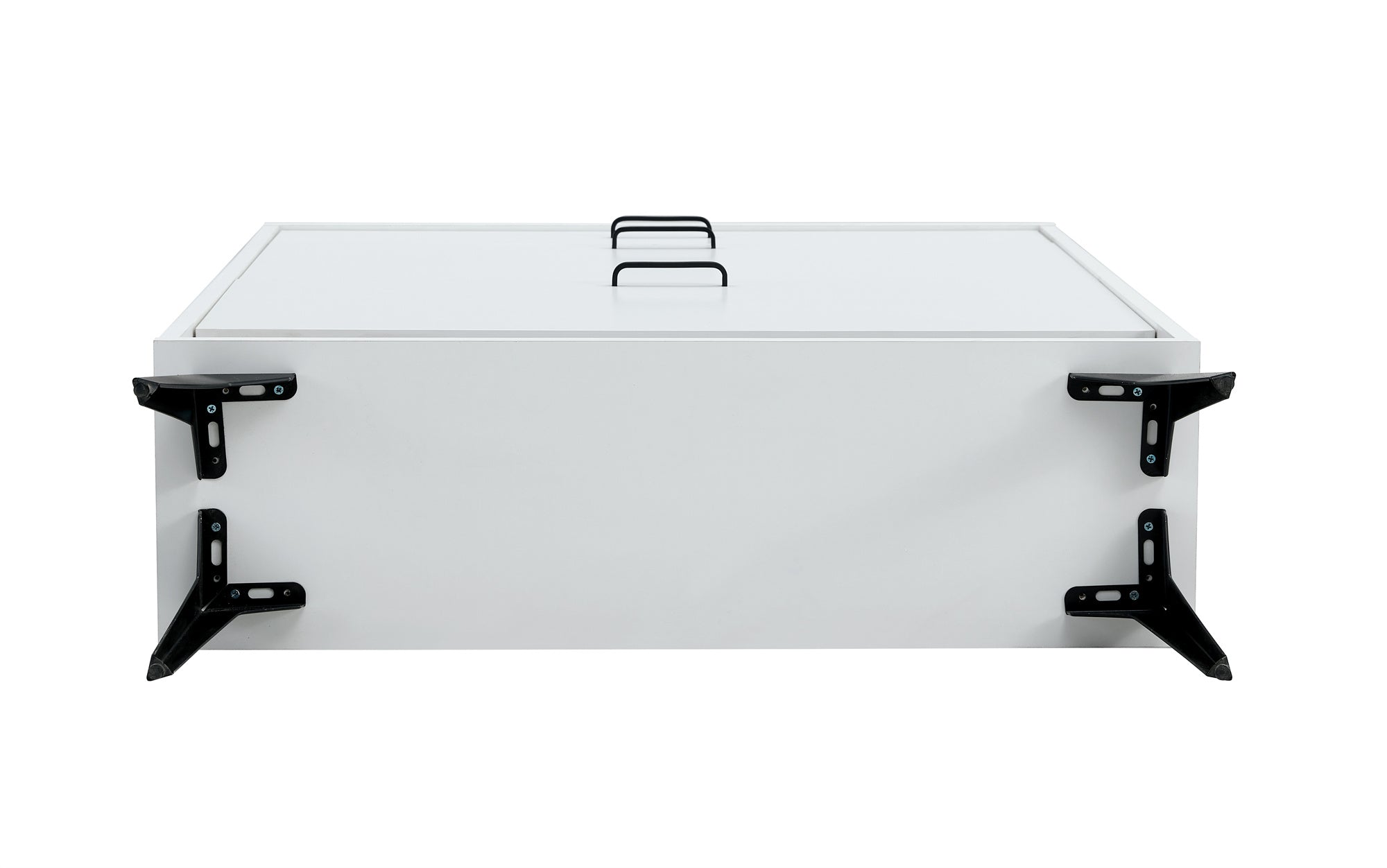 White shoe cabinet with open shelves and metal legs