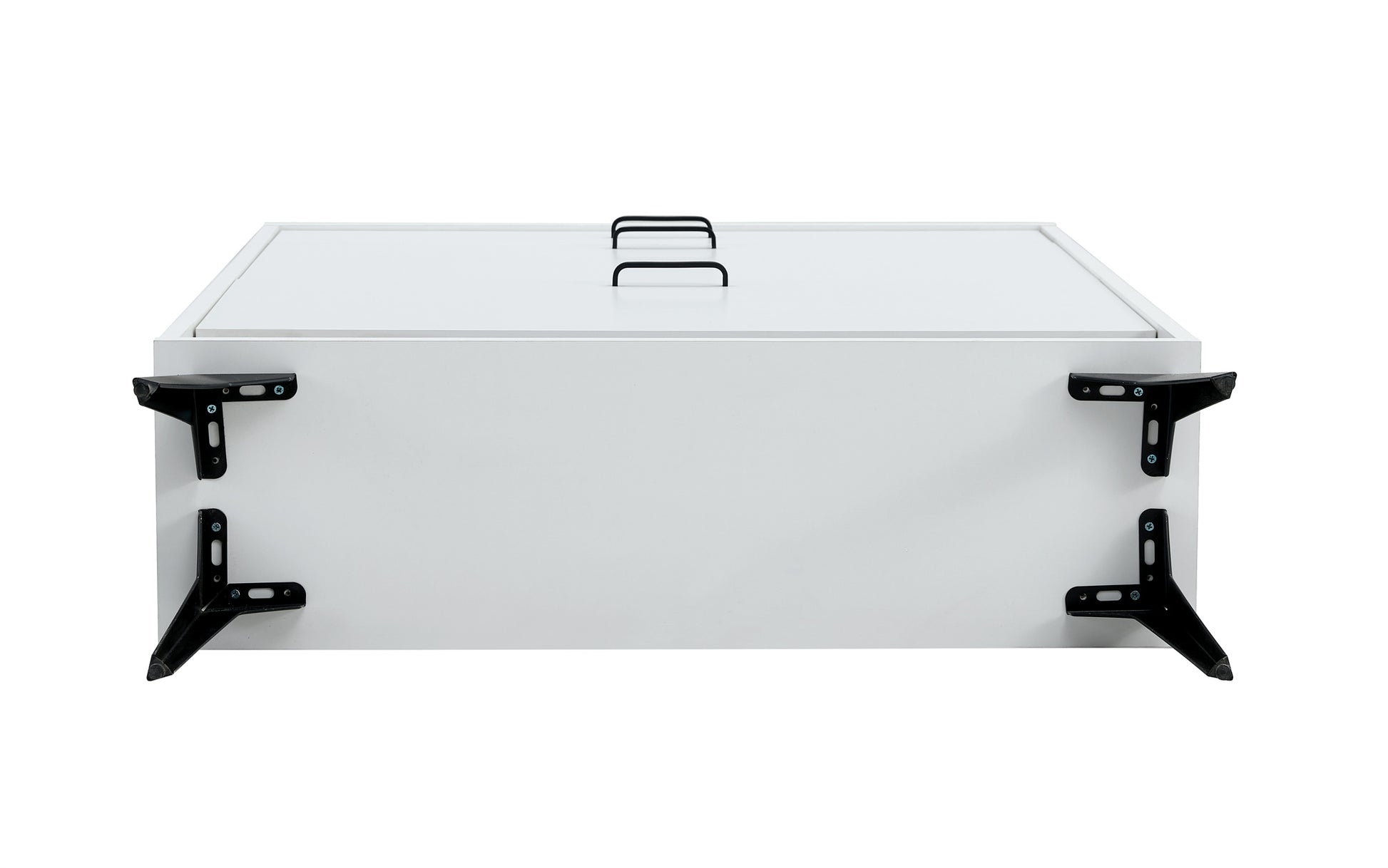 White shoe cabinet with open shelves and metal legs