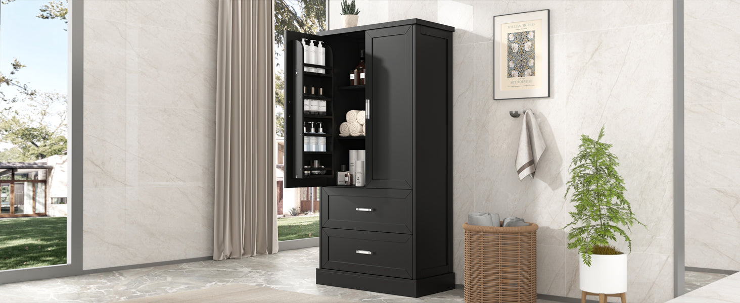 Tall black bathroom storage cabinet with doors and drawers