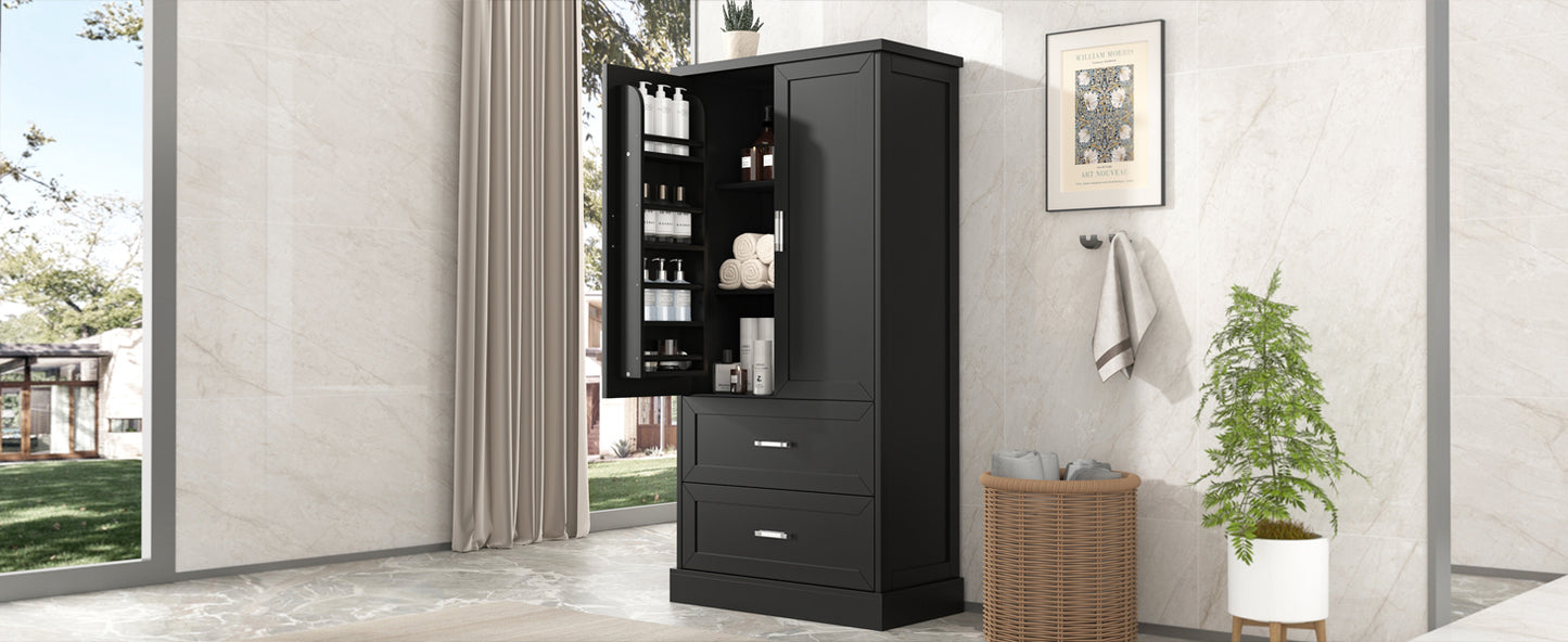 Tall black bathroom storage cabinet with doors and drawers