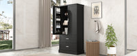 Tall black bathroom storage cabinet with doors and drawers