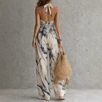 New halter backless jumpsuit, blue and white tie-dye wide-leg pants, summer beach women's wear Hot Deal Warehouse