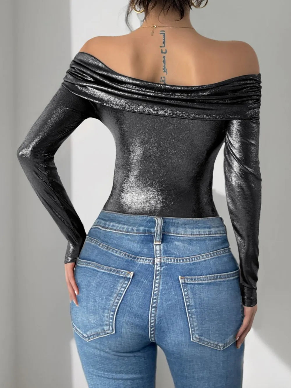 Perfee ruched off-shoulder bodysuit with long sleeves, front view

